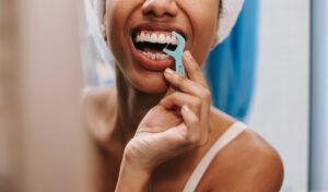Woman with towel on her head flossing teeth with a floss pick